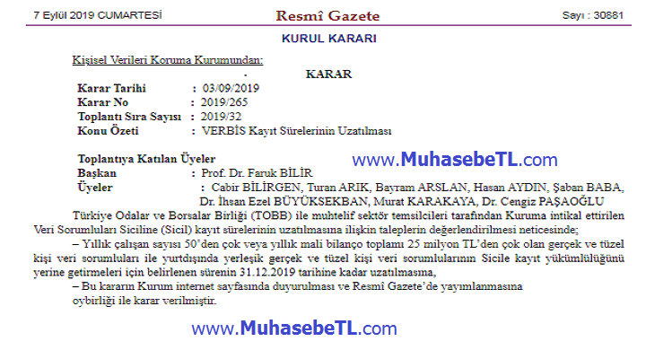 VERBİS Kayıt Süresinin Uzatımı Resmi Gazetede Yayımlandı